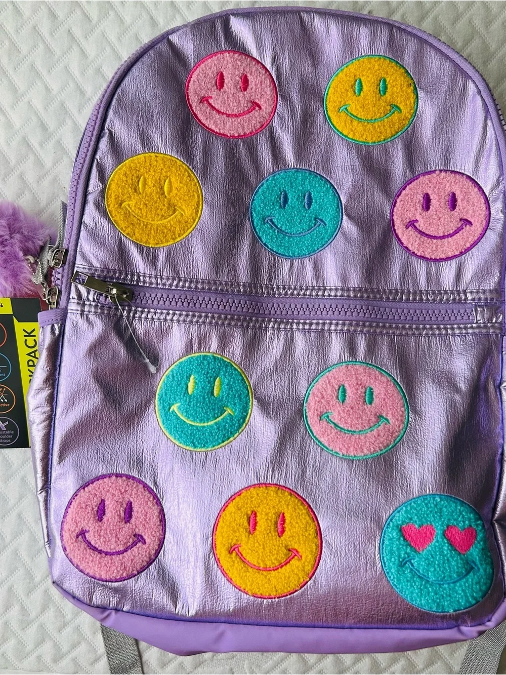 Kids Metallic Iridescent Lavender Smiley Face Backpack - Brand New